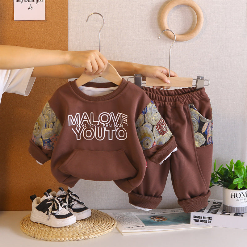 Children's Patchwork Bear Baby Long Sleeve 2026 Spring and Autumn New Boys' Cartoon Sweatshirt Two-Piece Set Trendy