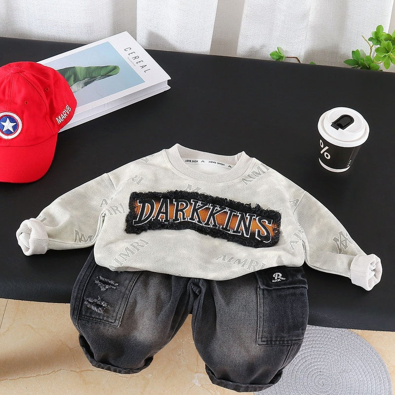 Boys' Outfit for Spring and 2026 New Style Baby Autumn Clothing Korean Version Casual Patchwork Fleece Round Neck Sweatshirt Two-Piece Set
