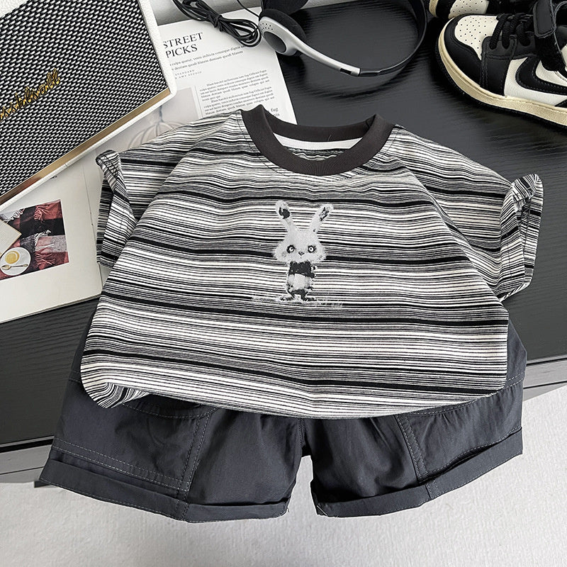 Boys' Outfit 2026 New Style Children's Striped Rabbit Short Sleeve Fashionable Baby Summer Clothes Two-Piece Set Trendy