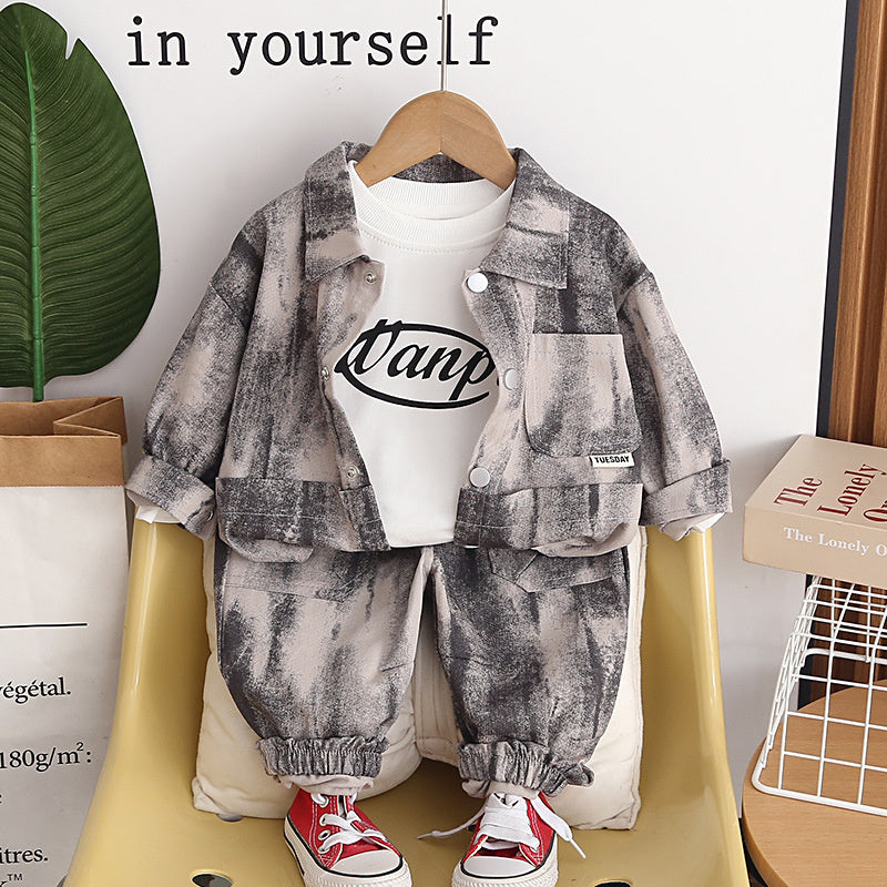 Stylish Boys' and Autumn Outfit 2026 Spring New Long-Sleeve Sports Tie-Dye Pocket Three-Piece Set for Babies