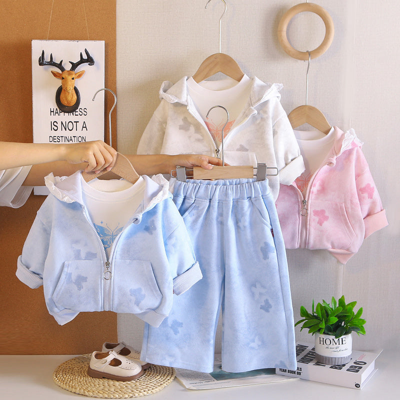Girls' Outfit 2026 New Fashionable Full-Print Big Butterfly Three-Piece Set Baby Spring and Autumn Cartoon Clothes