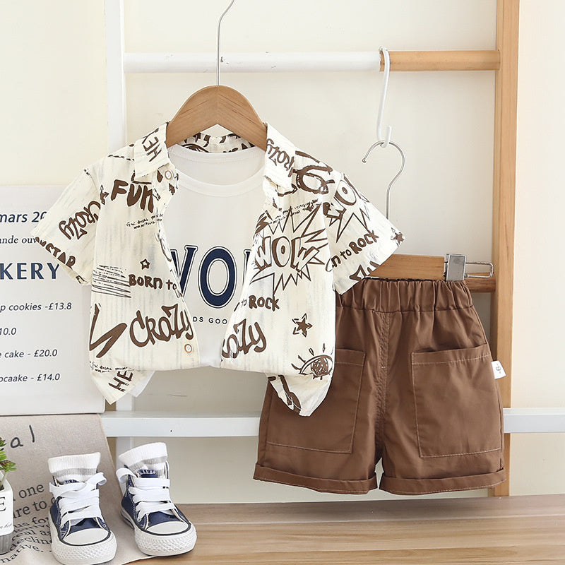 Boys' Summer Outfit 2026 New Fashionable Children's Clothing Thin Full-Print Letter Shirt Short-Sleeve Three-Piece Set Trendy