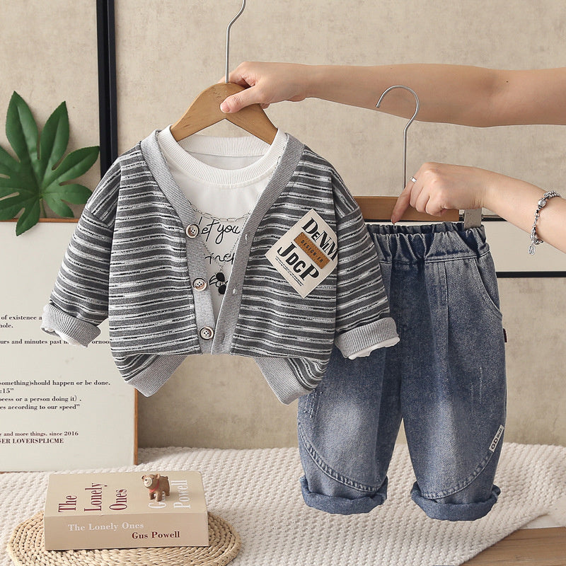 Boys' Outfit 2026 New Fashionable Children's Sunglasses Necklace Striped Three-Piece Set Stylish Baby Korean Style Autumn