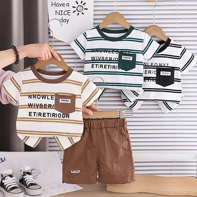 Boys' Short-Sleeve Two-Piece Set 2026 New Baby Summer Casual Clothes Trendy Striped English T-Shirt Outfit