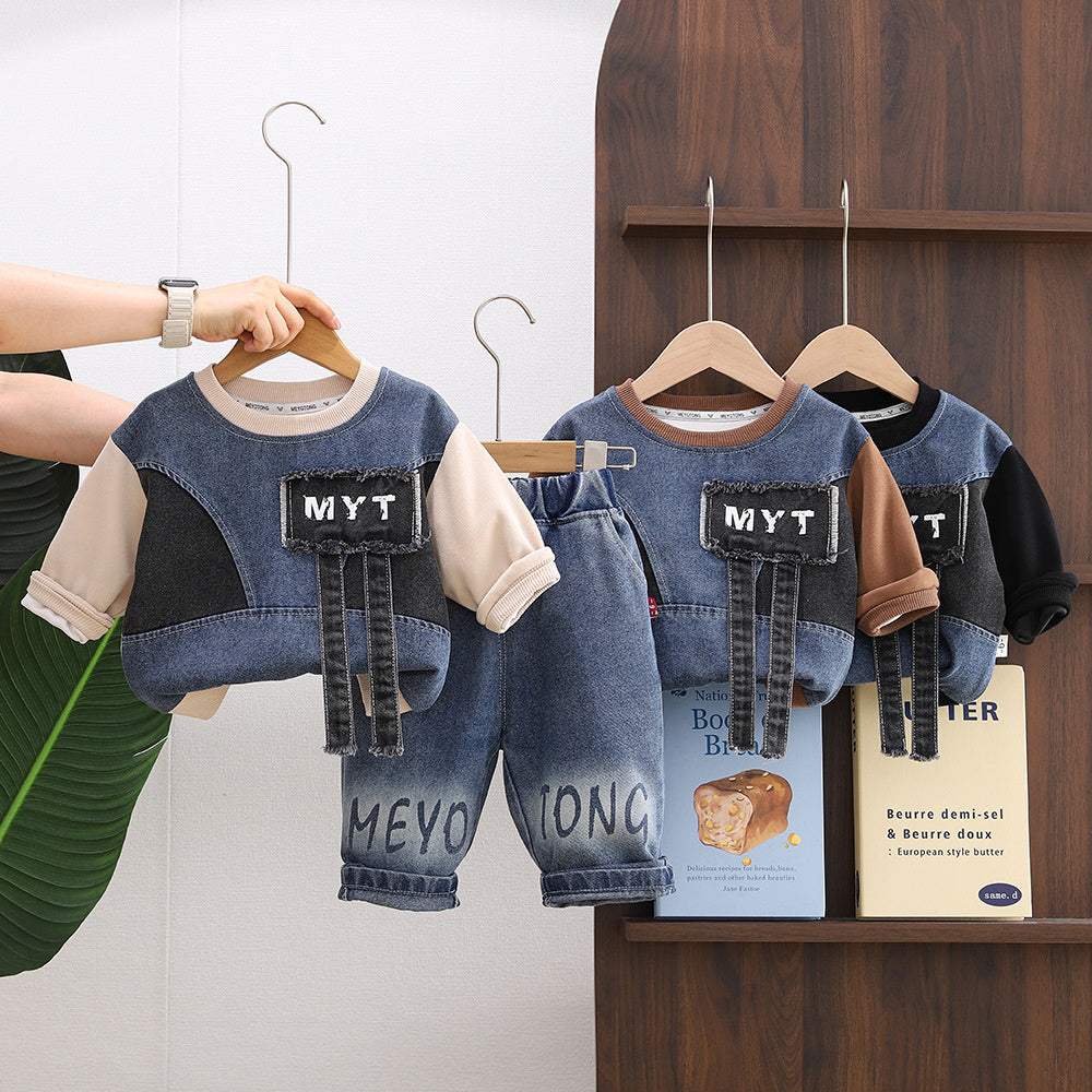 Boys' Outfit 2026 New Spring Autumn Clothes for Infants and Children, Denim Patchwork Round Neck Shirt Two-Piece Trendy Set
