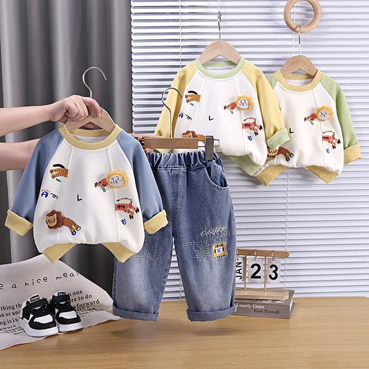 Boys' Outfit 0-4 Years Old, Stylish Spring Autumn Baby Clothes, Cartoon Lion Two-Piece Set for Infants and Children