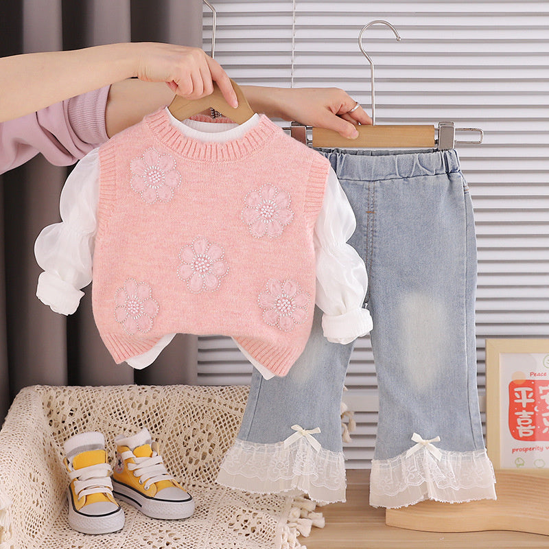 Girls' and Autumn Outfit 2026 New Style Baby Girl Fashionable Sweet Floral Children's Spring Sweater Three-Piece Set Trendy