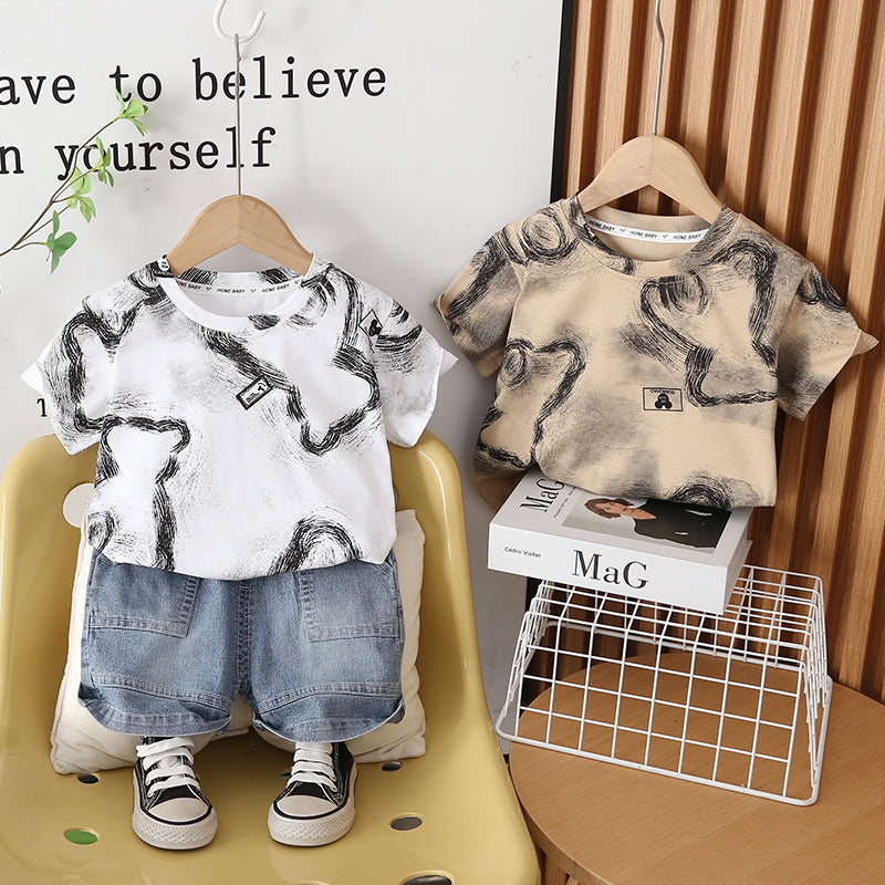 Boys' Outfit 2026 New Style Children's Thin Graffiti Short Sleeve Shorts Two-Piece Set Trendy Baby Summer Fashion