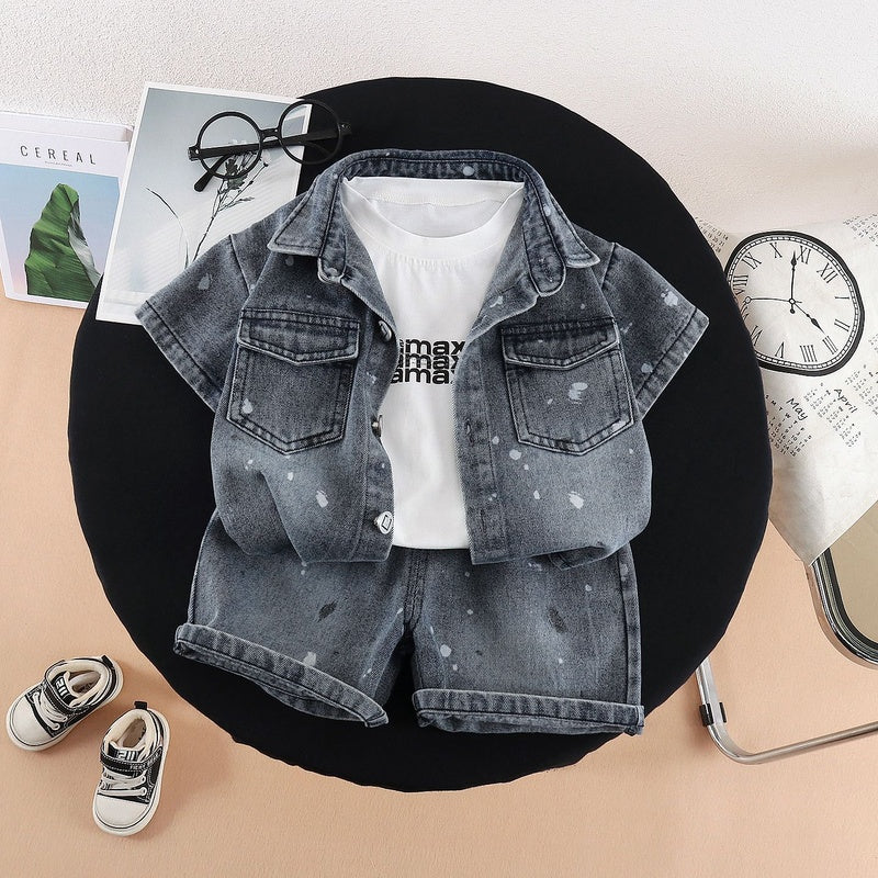 Baby Outfit 2026 New Stylish Boys Summer Denim Tie-Dye Short Sleeve Shorts Three-Piece Set