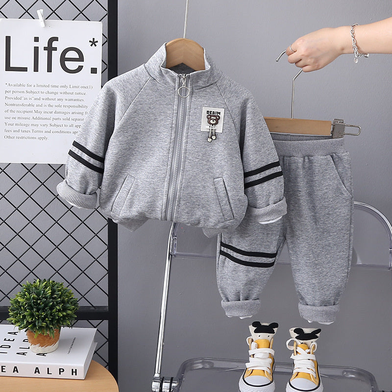 2024 Zipper Bear Logo Solid Color Clothing Boys and Girls Long Sleeve Two-Piece Children's Autumn Outfit Set