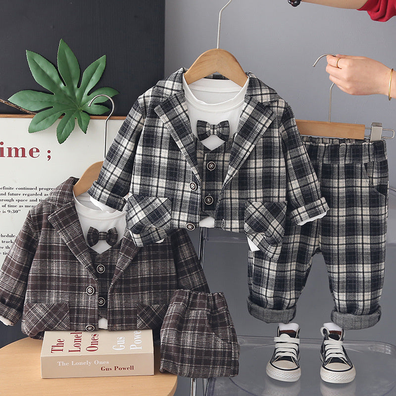 Baby Boy Spring and Autumn Stylish 3-Piece Children's Clothing Set: Infant Plaid Vest Suit for 1-Year-Old Boys