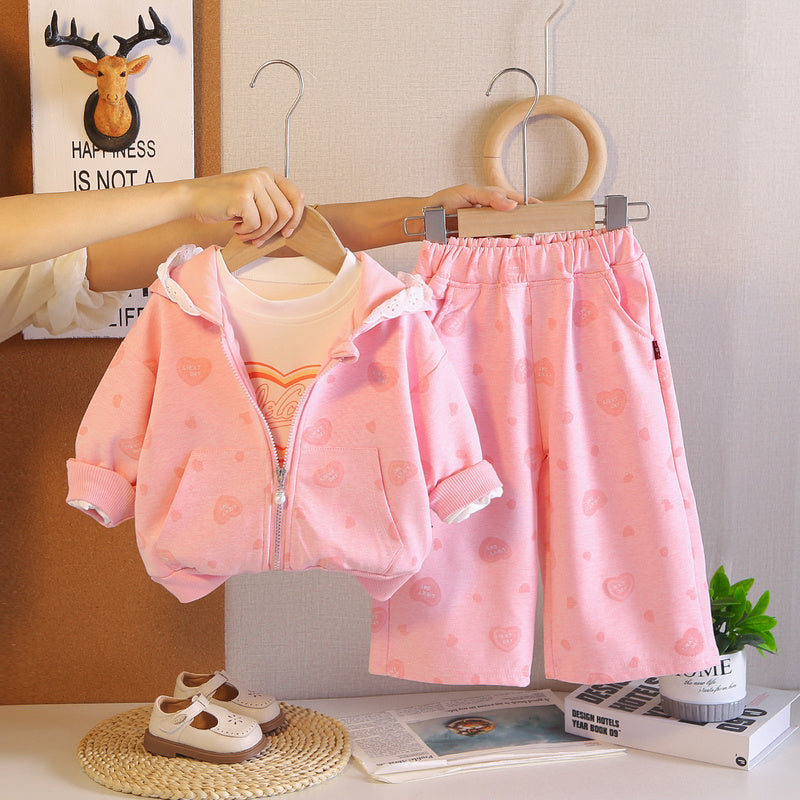 Girls' Spring Autumn Casual Heart-Shaped Zipper Three-Piece Set, Stylish Long-Sleeve Outfit for Babies and Young Children