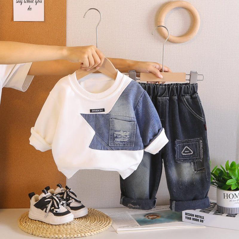 Boys' Casual Outfit 2026 Fashionable Baby Patchwork Pocket Sweatshirt New Two-Piece Set for Spring and Autumn