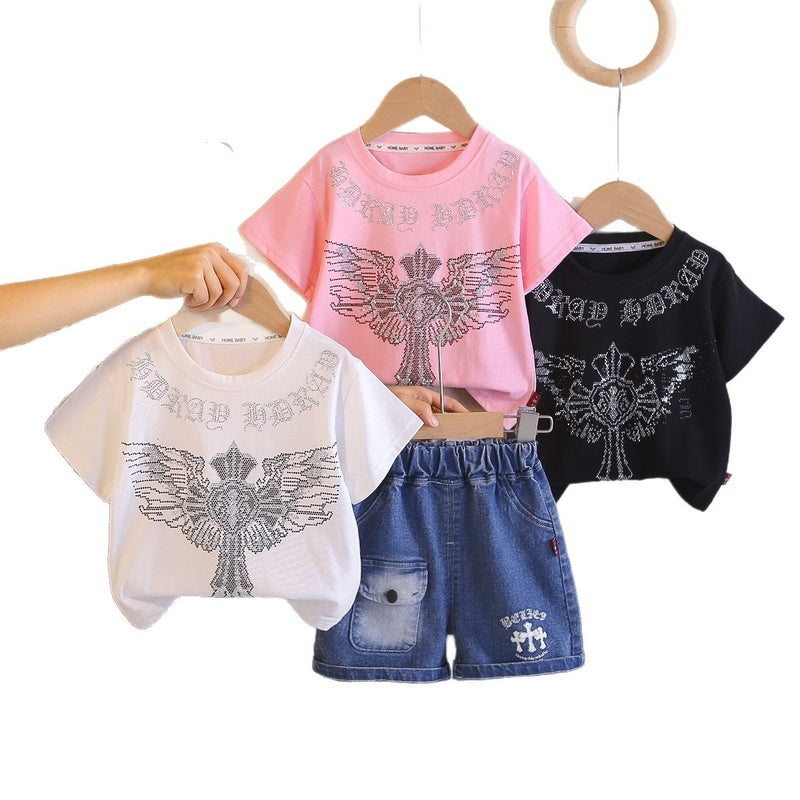 2026 Foreign Trade Summer Round Neck Rhinestone Children's Printed Thin T-shirt and Denim Two-piece Set Wholesale 3