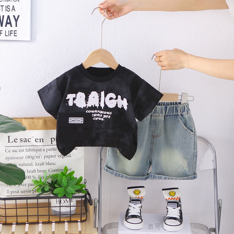 Boys' Outfit 2026 New Korean Style Cargo Pocket Round Neck Short Sleeve Children's Summer Casual Two-Piece Set