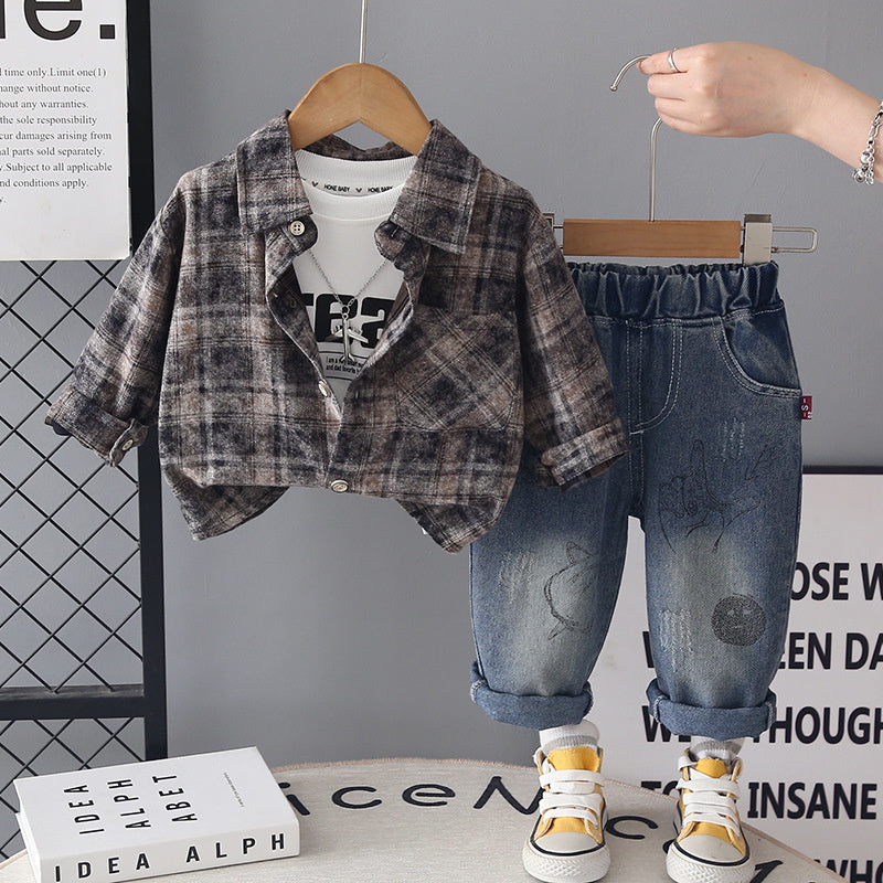 Boys' Suit 2026 New Spring and Style Children's Fashionable Round Pocket Plaid Shirt Baby Autumn Casual Three-Piece Set