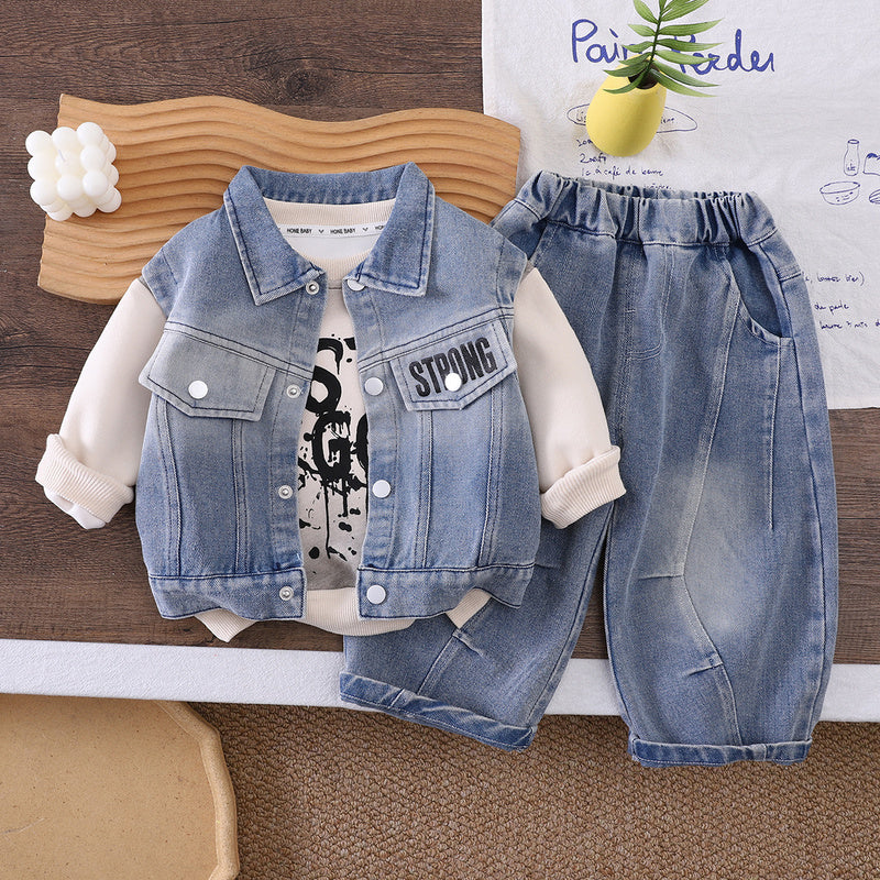 Boys' Denim Vest with Pockets Three-Piece Set 2026 New Fashionable Stylish Baby Clothes Spring and Autumn Outfit Trendy