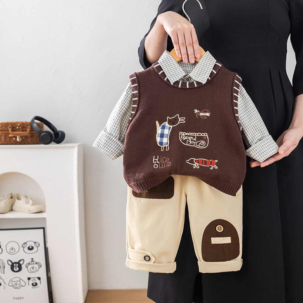 Spring and Autumn Outfit 2026 New Style Toddler Sweater Children's Boys' Baby Cat Vest Three-Piece Trendy Set