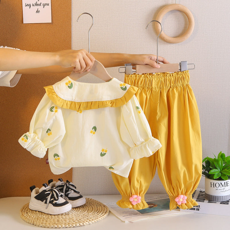Baby set, children's clothing, toddler girl spring and long-sleeve outfit with small yellow flowers, stylish autumn wear for girls