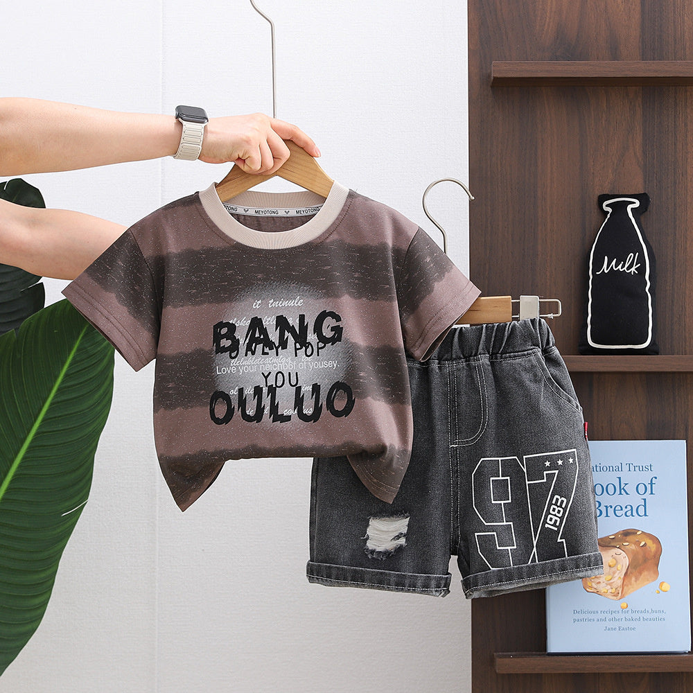 Boys' Summer Outfit 2026 New Stylish Korean Version Children's Gold-Embossed Wide-Striped Short-Sleeve Two-Piece Set Trendy Baby Clothes