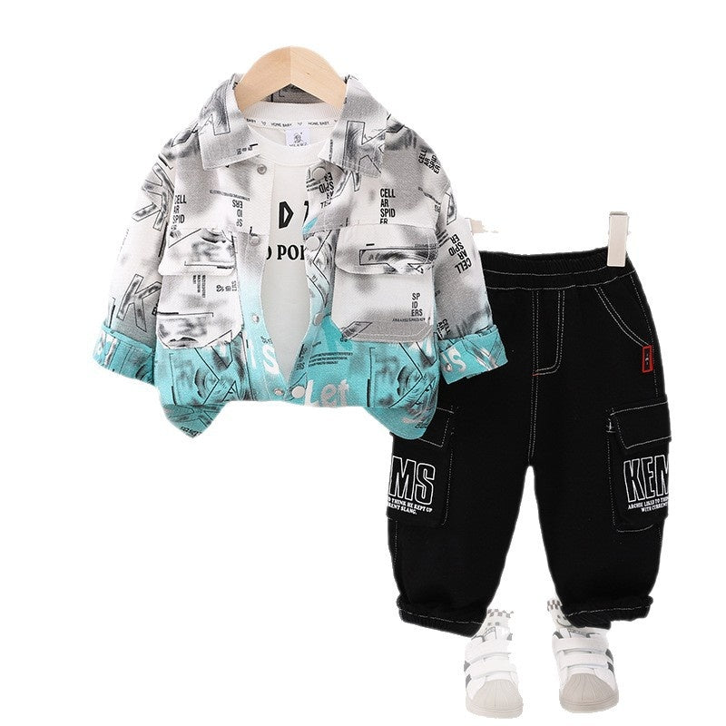 Denim 2025 Autumn Stylish Boys' Long Sleeve Full Printed English Gradient Three-Piece Set Trendy