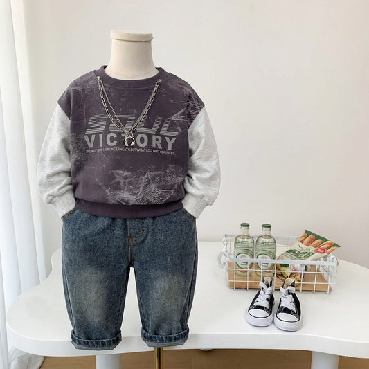 Boys' Outfit for 2026 New Style Children's Letter Necklace Sweatshirt Baby Clothes Spring and Autumn Two-Piece Set