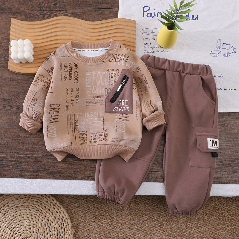 Boys' Suit for Spring and Autumn 2026 New Korean Style Casual Stylish Sports Zipper Pocket Sweatshirt Two-Piece Set