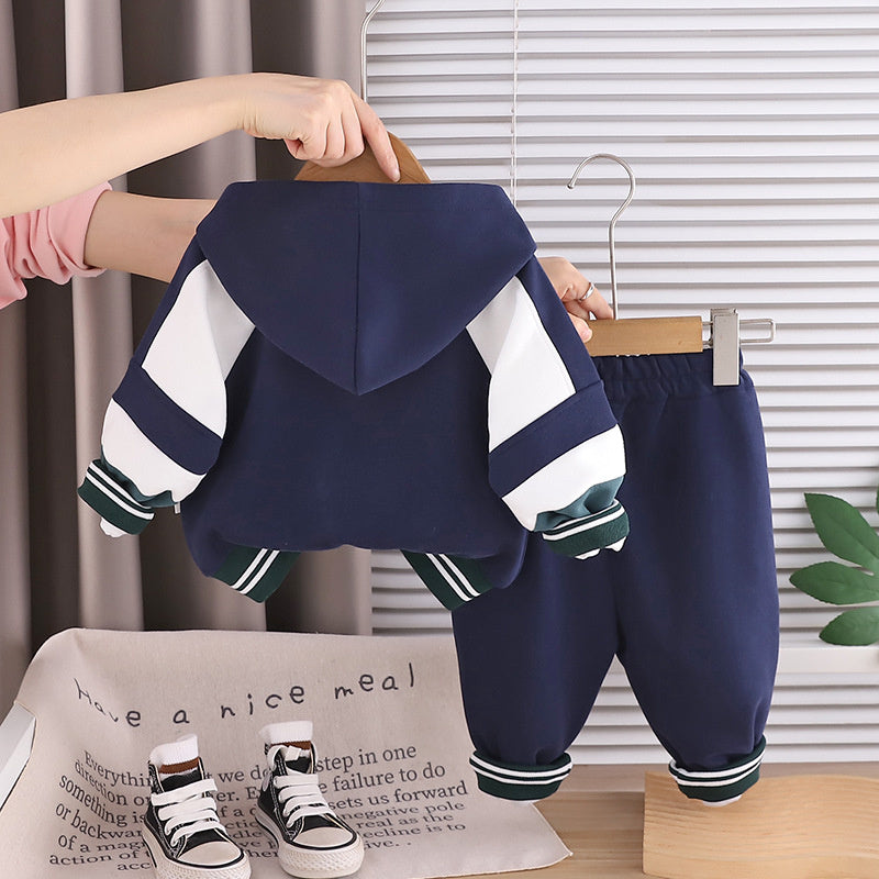 Boys' 2026 Spring and Autumn Color Block Baseball Jacket English Long Sleeve Sports Fashion Toddler Three-Piece Set Wholesale