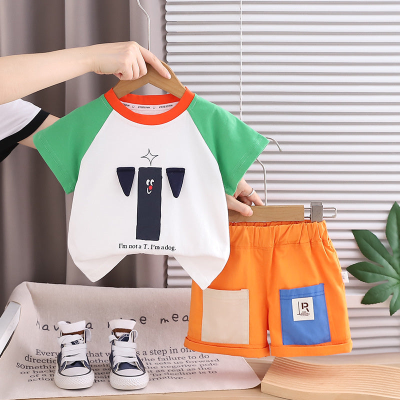 Boys' Summer Short-Sleeve Outfit 2026 New Fashionable Children's Round-Neck Puppy Print Raglan Sleeve Two-Piece Set Trendy