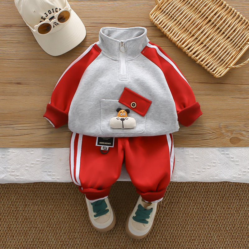 Boys' Outfit Set: New Spring Autumn Style for Infants Children, Stylish Korean Version with Diagonal Pocket Cover and Puppy Print Sweatshirt Two-Piece Set