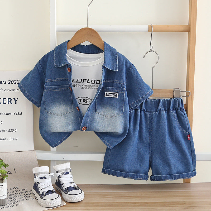 Children's Outfit Boys' Denim Jacket Short Sleeve Three-Piece Set 2026 New Model 1-2-3 Baby Summer Clothes