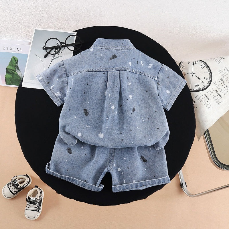 Baby Outfit 2026 New Stylish Boys Summer Denim Tie-Dye Short Sleeve Shorts Three-Piece Set