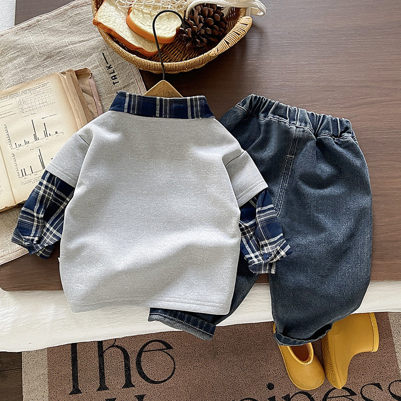 Boys' plaid shirt set 2026 new fashion stylish children's clothing for 1-year-old infants spring and autumn handsome baby boy outfit