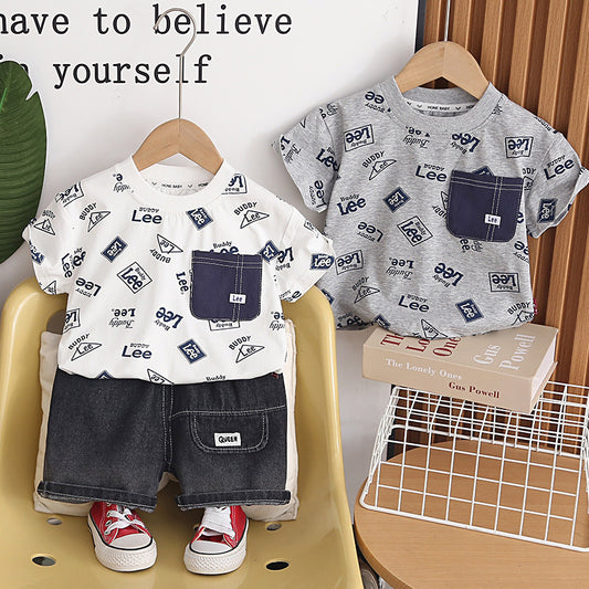 Children's clothing boys' summer outfit 2026 new stylish pocket letter short-sleeve baby clothes two-piece set trendy