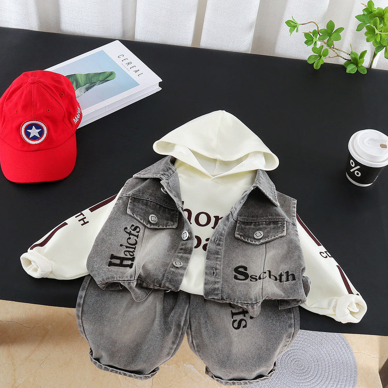 Boys' Outfit 2026 New Style Children's Spring and Fashionable Letter Denim Vest Three-Piece Set for Toddlers in Autumn