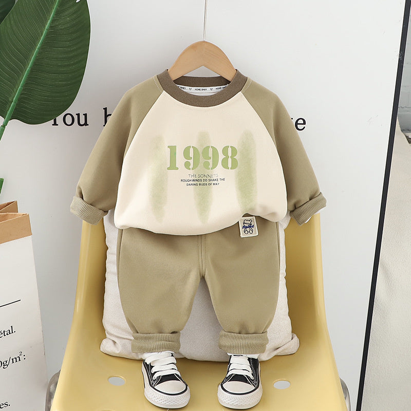 Boys' and Autumn 2025 New Baby Stylish Clothes Toddler Spring Color Block Raglan Sweatshirt Two-Piece Set Trendy