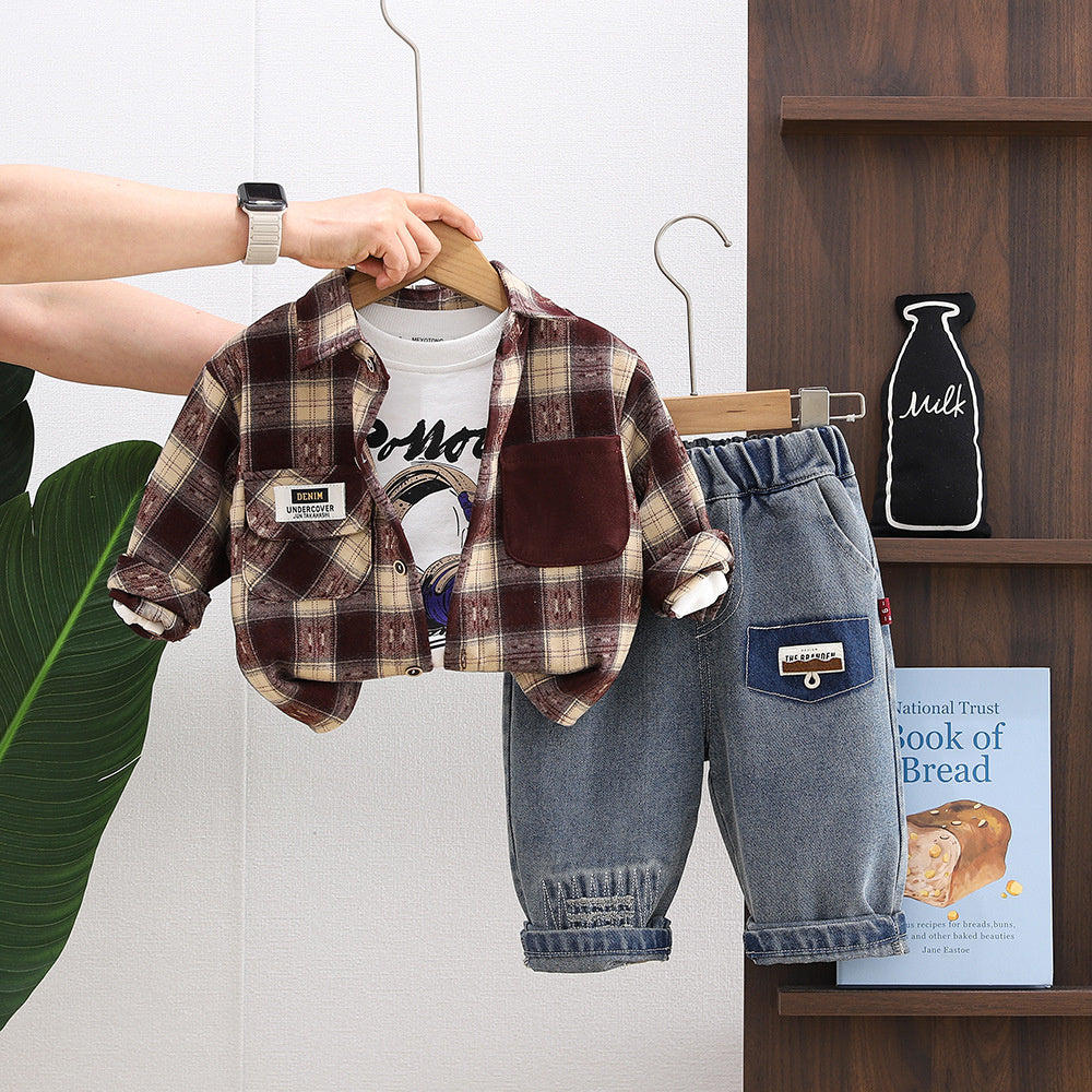 Boys' Spring Three-Piece Set with Earphone Plaid Shirt, 1-2-3-5 Years Old Toddler Outfit, Korean Style Fashionable Baby Clothes