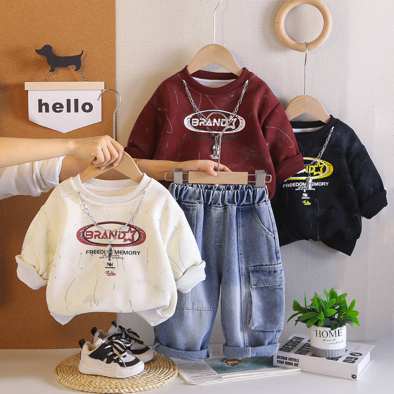 Boys' outfit, infant autumn two-piece set, children's new stylish letter-print clothing for spring and autumn, trendy wholesale