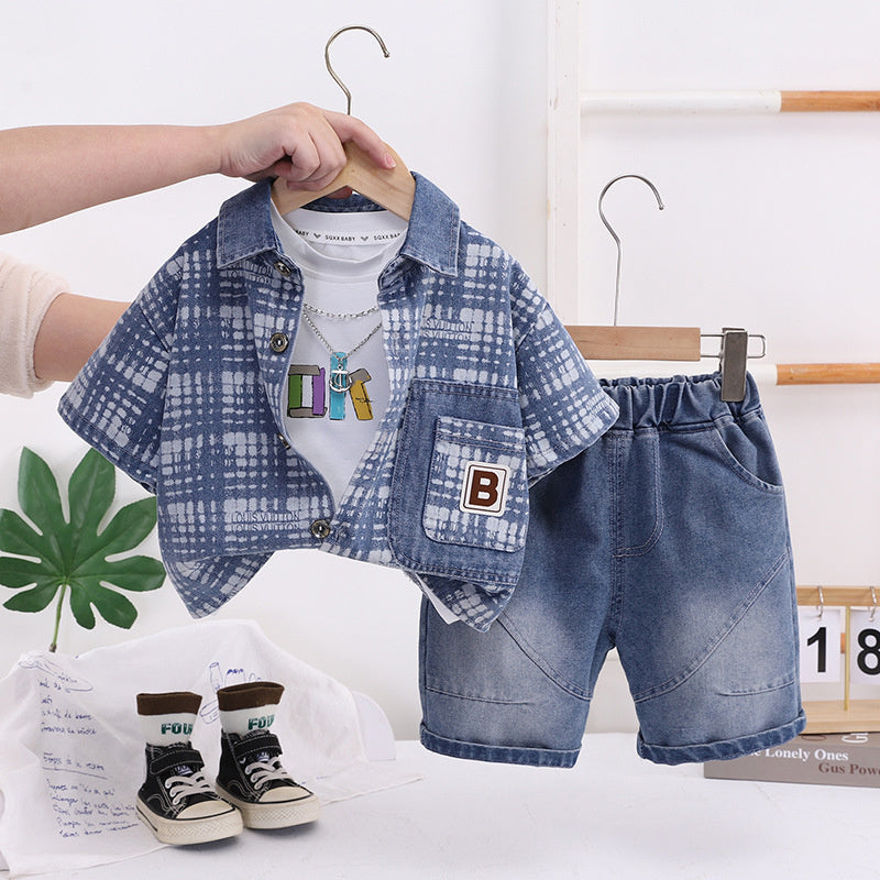 Boys' Denim Plaid Short Sleeve Suit, Stylish Children's Clothing, 2026 New Model, Trendy Summer Clothes for Young Children