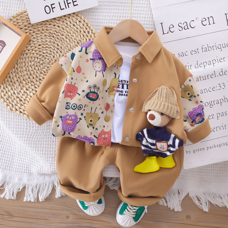 Children's Clothing Boys Spring and Autumn 2025 New Fashionable Baby Patchwork 3D Bear Three-Piece Set Dropshipping