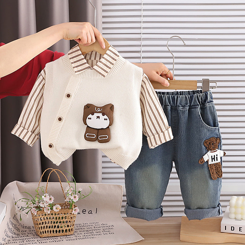 Boys' Outfit 2026 New for Baby Boys Toddlers, Spring and Autumn Fashionable Korean Style Sweater with Bear Design, Three-Piece Set