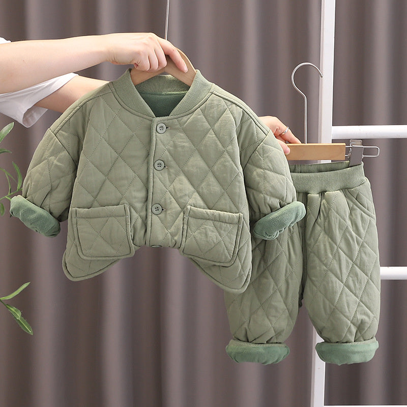 2025 Boys' Baby Casual Simple Winter Fleece Thickened Infant Versatile Pocket Button Cotton Jacket Two-Piece Set