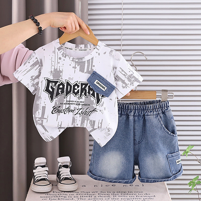 Boys' Summer Denim Flap Short Sleeve Set 2026 New Fashionable Casual Two-Piece Outfit for Toddlers