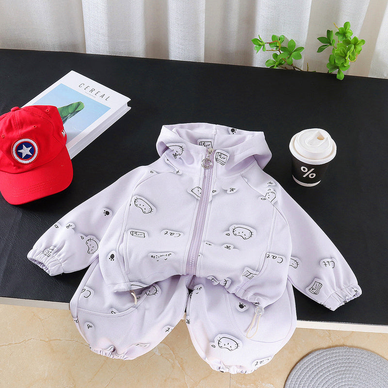 Girls' outfit with all-over cat print, two-piece set, stylish spring clothing for babies and toddlers, trendy Korean-style clothes