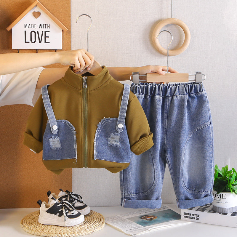 Boys' Sports Suit 2026 Spring Autumn New Casual Fake Suspender Two-Piece Set for Children and Toddlers