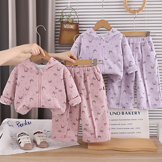 Girls' Outfit 2026 New Fashionable Bowknot Hooded Zipper Jacket Two-Piece Set for Toddlers in Autumn