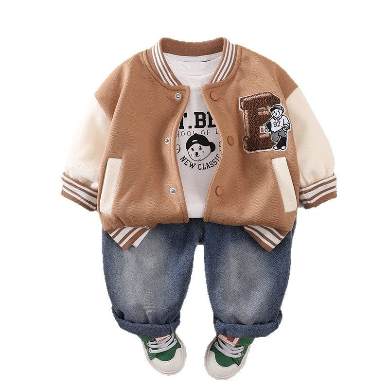 2025 New Little Boys' Spring and Children's Autumn Outfit Towel Embroidered Baseball Jacket Three-Piece Set