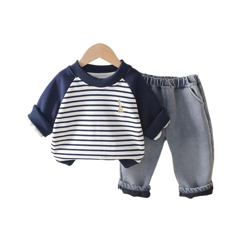 Boys' Fleece Lined Deer Sweatshirt Set 2025 New Trendy Children's Clothing Baby Autumn Winter Outfit