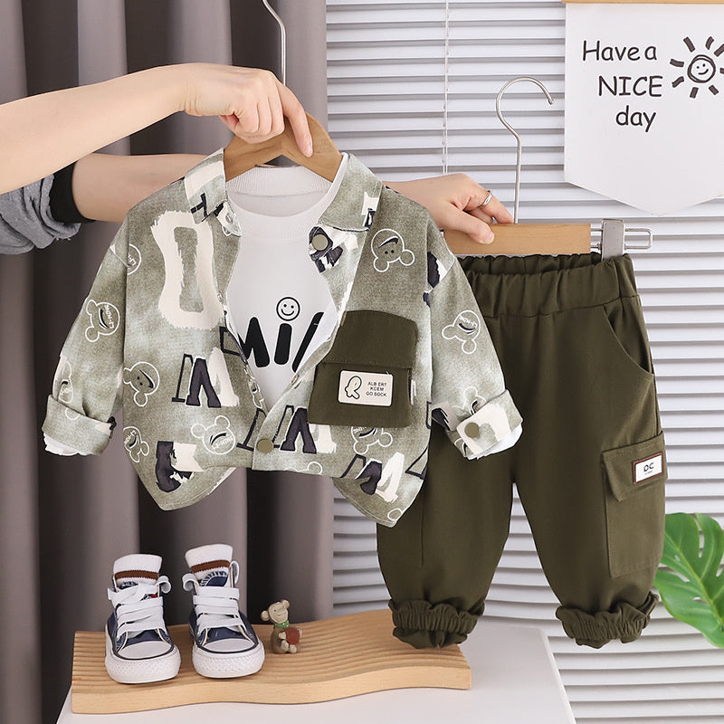 Baby outfit set, children's boy infant clothing, stylish boys' spring and autumn single-pocket letter three-piece set