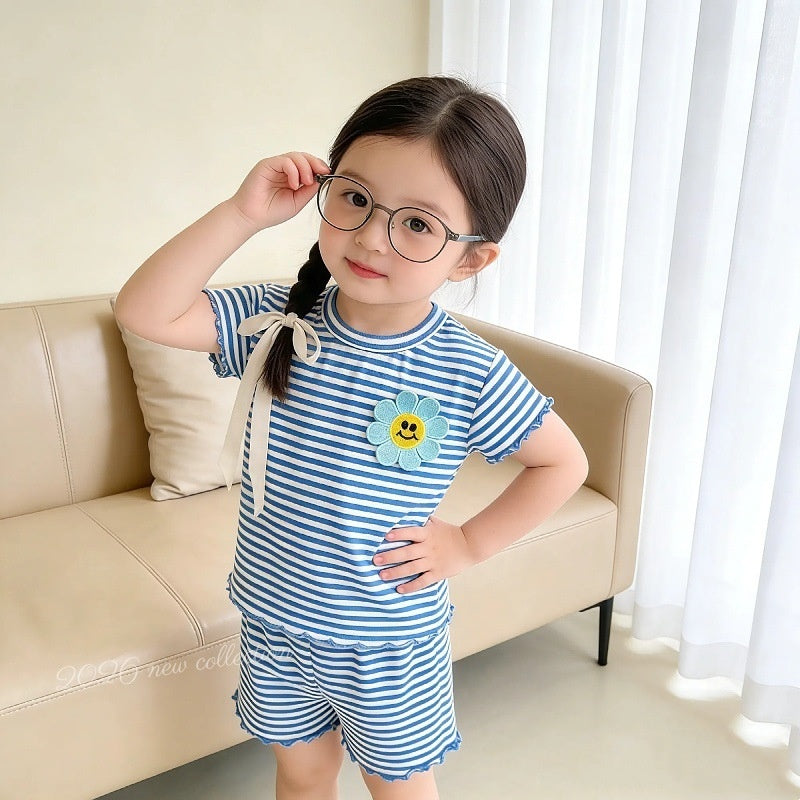 2026 Baby Thin Soft Striped Short Sleeve T-shirt and Elastic Waist Shorts Set Children's Summer Two-Piece Outfit